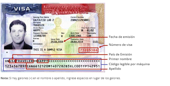 Visa de muestra para completar el formulario I-94
